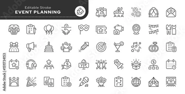 Obraz Event planning line icon set. Event organization, holiday, catering, guests, invitation, entertainment, celebration, decoration and more. Outline icon in linear style. Vector collection.	