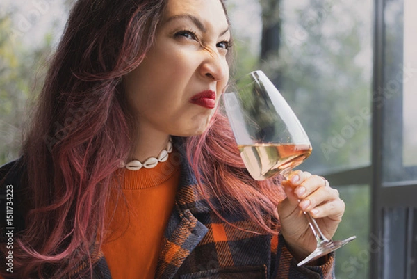 Fototapeta Young woman grimacing while smelling a glass of spoiled bad wine, clearly expressing disgust at the unpleasant aroma and quality