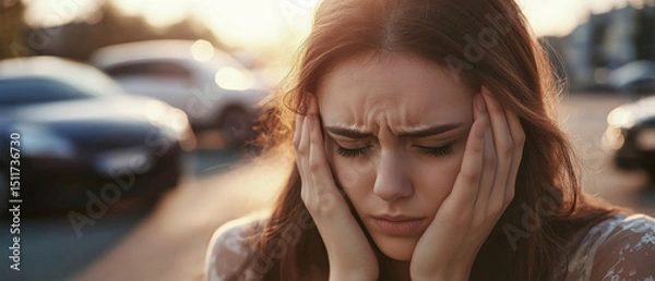 Fototapeta Woman in distress after car crash with visible anxiety and regret during twilight hours
