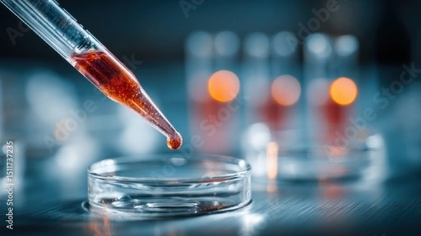 Fototapeta Pipette dropping red liquid into a petri dish with test tubes in background.