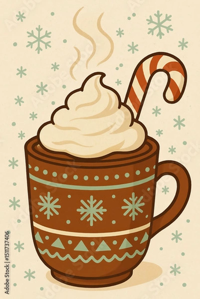 Fototapeta Holiday Hot Chocolate in Patterned Mug with Cream and Candy Cane on Beige Background