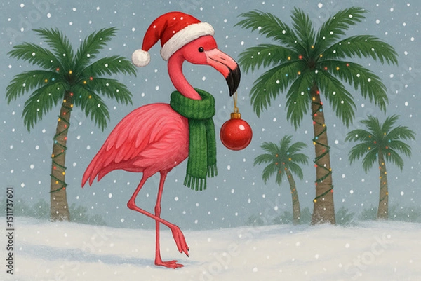 Fototapeta Pink Flamingo with Santa Hat and Green Scarf Holding Red Bauble in Snowy Scene with Palm Trees