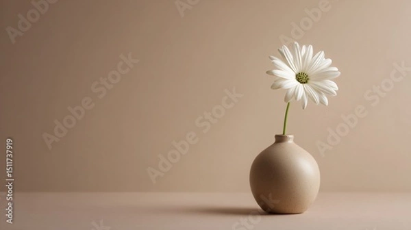 Obraz Single white daisy in matte ceramic vase, pale beige background, minimalist composition, soft lighting