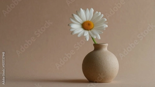 Obraz Single white daisy in matte ceramic vase, pale beige background, minimalist composition, soft lighting