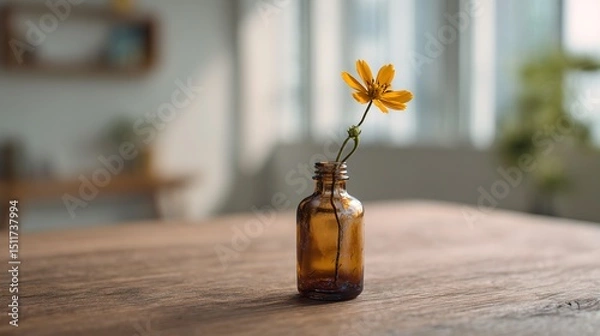 Obraz Single wildflower in tiny amber bottle, light wooden table, airy minimalist space