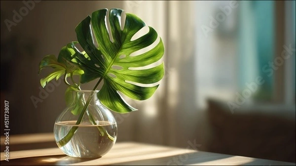 Obraz Solitary monstera leaf in clear glass vase, minimal decor, sunlight casting soft shadows