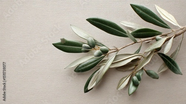 Obraz Sprig of olive leaves over a blank canvas, natural tones, artful simplicity