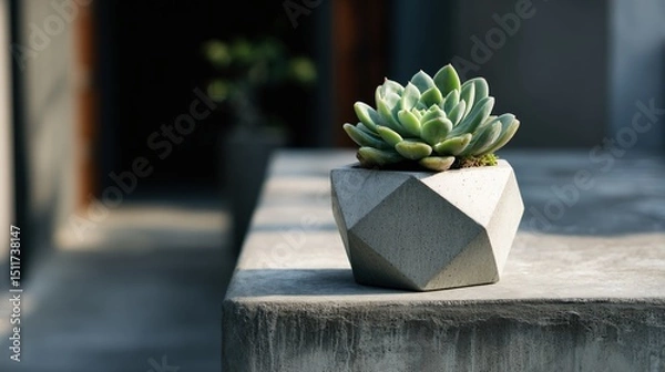 Obraz Succulent plant in geometric pot, placed on concrete pedestal, modern and minimal