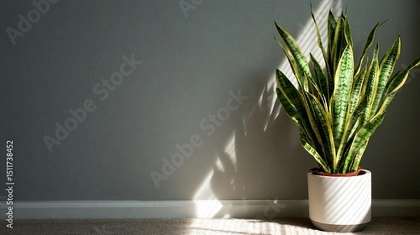 Obraz Tall snake plant in modern corner with sunlight streaks, negative space above