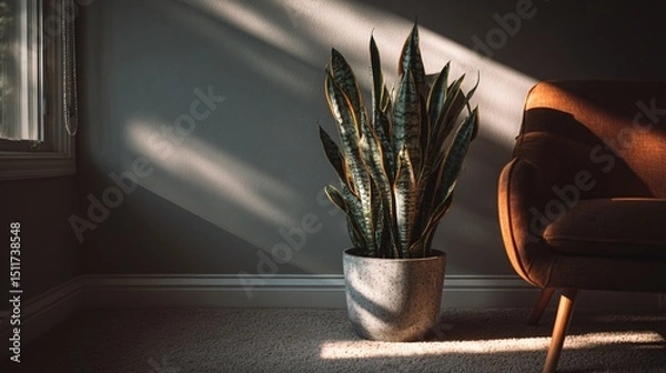 Obraz Tall snake plant in modern corner with sunlight streaks, negative space above