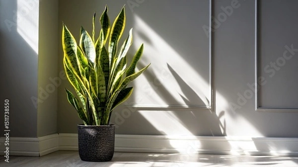 Obraz Tall snake plant in modern corner with sunlight streaks, negative space above