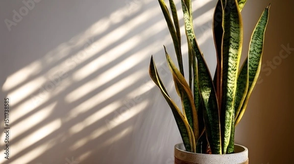 Obraz Tall snake plant in modern corner with sunlight streaks, negative space above