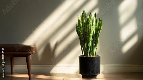 Obraz Tall snake plant in modern corner with sunlight streaks, negative space above