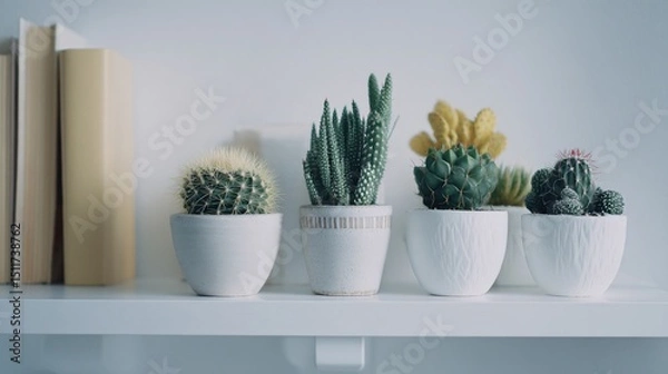 Obraz Vertical shot of potted cactus on white shelf, negative space all around, minimalist vibe