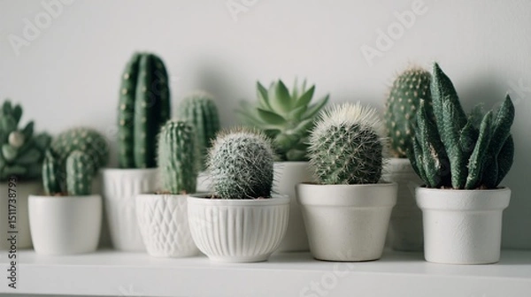 Obraz Vertical shot of potted cactus on white shelf, negative space all around, minimalist vibe