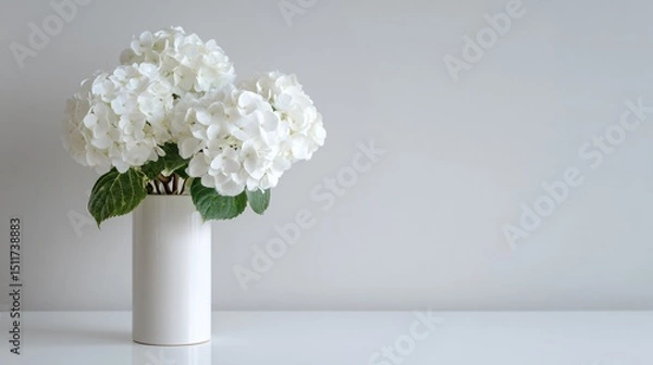 Obraz White hydrangeas in cylindrical vase, light grey wall, high-key minimalist photo