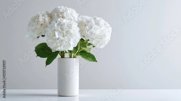 Obraz White hydrangeas in cylindrical vase, light grey wall, high-key minimalist photo