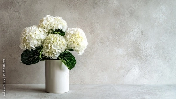 Obraz White hydrangeas in cylindrical vase, light grey wall, high-key minimalist photo