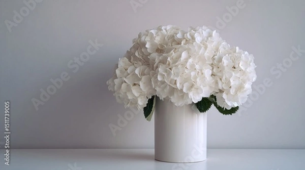 Obraz White hydrangeas in cylindrical vase, light grey wall, high-key minimalist photo