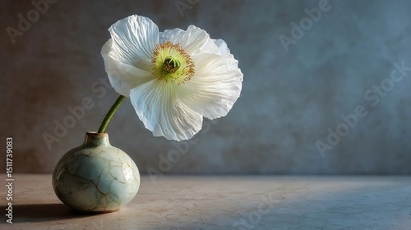 Obraz White poppy in tiny vase on stone surface, overhead lighting, delicate lines