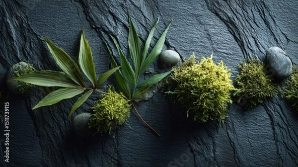 Obraz Zen-inspired plant composition, moss and leaf on slate, clean layout