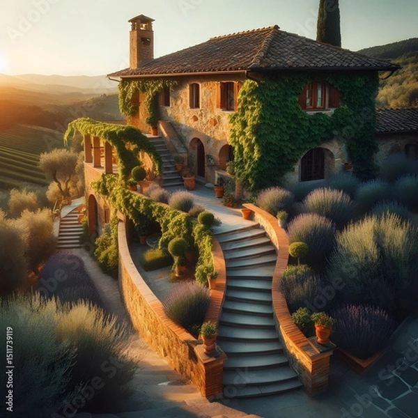 Obraz Rustic Tuscan Villa with Stone Steps and Lush Garden at Sunset. for travel magazines, luxury real estate listings, website banners