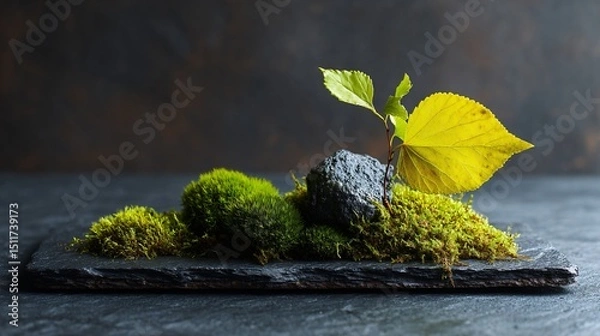 Obraz Zen-inspired plant composition, moss and leaf on slate, clean layout