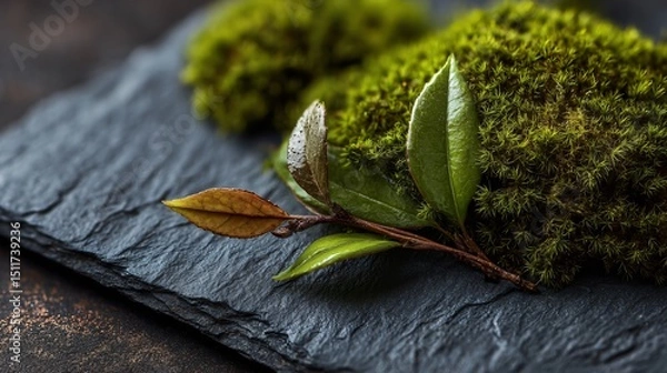 Obraz Zen-inspired plant composition, moss and leaf on slate, clean layout