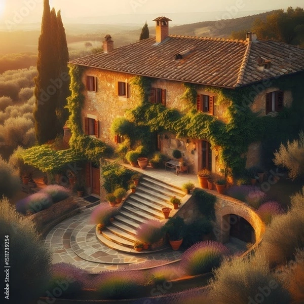 Obraz Rustic Tuscan Villa with Stone Steps and Lush Garden at Sunset. for travel magazines, luxury real estate listings, website banners