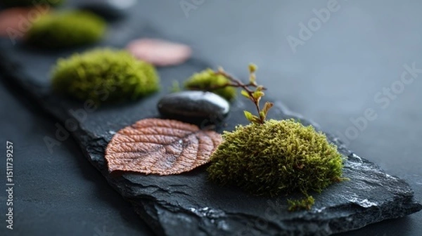 Obraz Zen-inspired plant composition, moss and leaf on slate, clean layout