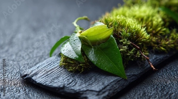 Obraz Zen-inspired plant composition, moss and leaf on slate, clean layout
