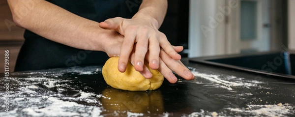Fototapeta Close up of unrecognizable chef kneading dough on floured kitchen counter preparing homemade pasta