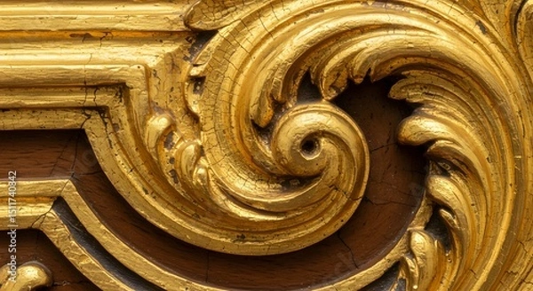 Fototapeta Ornate Gilded Wood Carving Detail: Close-Up of Antique Gold Leaf Scrollwork, Showing Age, Texture, and Craftsmanship, Perfect for Historical Designs and Decorative Elements