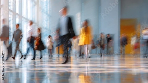 Fototapeta Blurred figures walking in a bright modern interior space with light reflecting.
