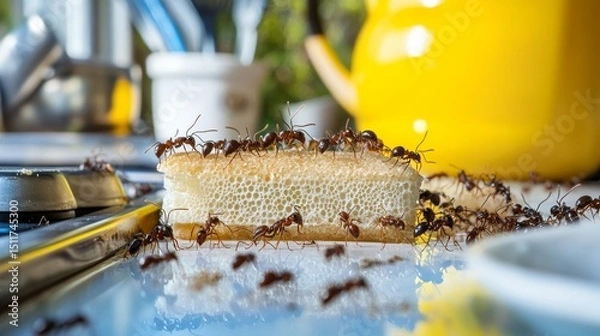 Fototapeta Ant Infestation Kitchen Counter Covered in Ants and Crumbs, Highlighting Unhygienic Conditions