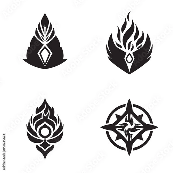 Fototapeta Four abstract black and white silhouette designs with geometric and nature inspired elements