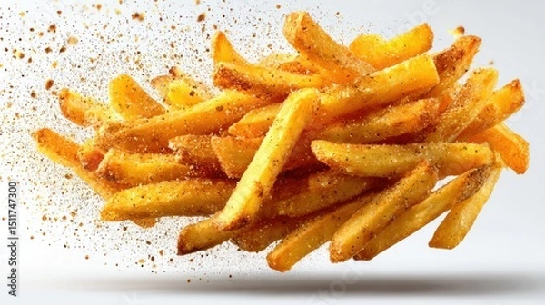 Obraz Pile of golden french fries with seasoning against a white background.