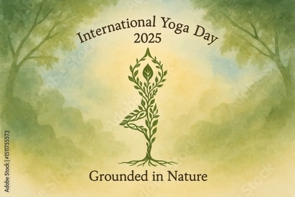 Fototapeta Nature-themed yoga poster with leaf and vine tree pose icon on watercolor background for International Yoga Day 2025, grounded and organic aesthetic
