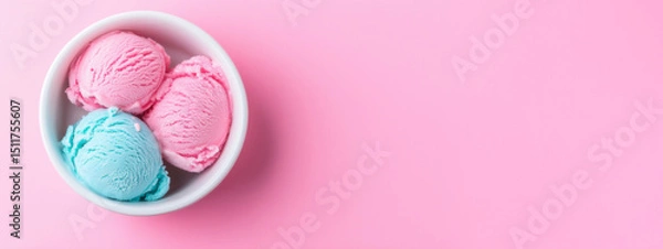Fototapeta Pink and blue ice cream scoops with colorful sprinkles in white ceramic bowl on pink background. Summer dessert and sweet treat concept. Image for confectionery menu. Banner with copy space