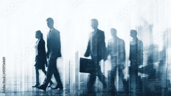 Obraz Silhouetted business people walking forward in a bright abstract urban setting.