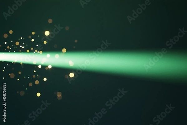 Obraz Green light beam with golden bokeh particles on dark background. Fiber optic and data transmission concept. Image for tech company, banner and digital services. Banner with copy space
