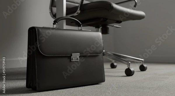 Fototapeta Black leather briefcase resting on office floor beside chair  