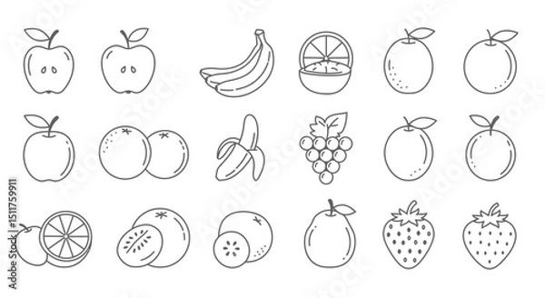 Fototapeta apple, pear, orange, banana, strawberry, lemon, pomegranate, grapes, outline, sketch, line art, vector art, minimalist, black and white, simple, flat design, icons, symbols
