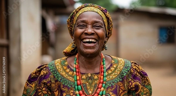 Obraz Joyful woman in vibrant traditional attire smiling warmly outdoors in a rural setting during daylight hours
