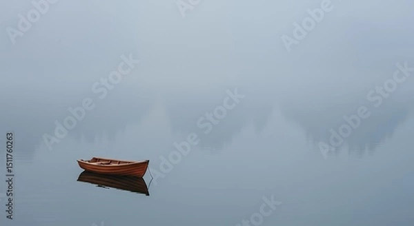 Fototapeta AI-Generated of Negative Space Minimalist Landscape with Lonely Wooden Boat on Calm Water in Mist