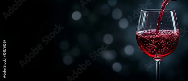 Fototapeta Red wine pouring into glass on dark background. Wine tasting and celebration concept. Image for winery banner with copy space.