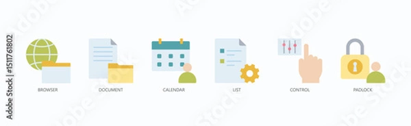 Fototapeta Access And Security Icon Set Isolated Vector With Icon Of Browser, Document, Calendar, List, Control, Padlock In Flat Style