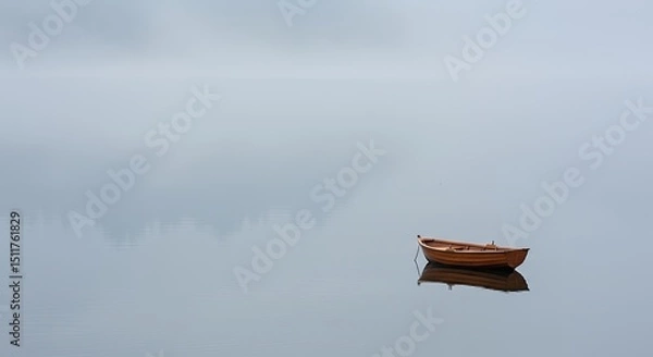 Fototapeta AI-Generated of Negative Space Minimalist Landscape with Lonely Wooden Boat on Calm Water in Mist