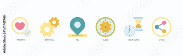 Obraz Priority And Control Icon Set Isolated Vector With Icon Of Favorite, Settings, Pin, Clock, Hour Glass, Share In Flat Style
