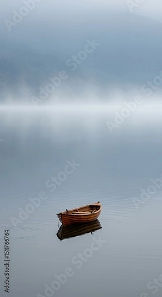 Fototapeta AI-Generated of Negative Space Minimalist Landscape with Lonely Wooden Boat on Calm Water in Mist